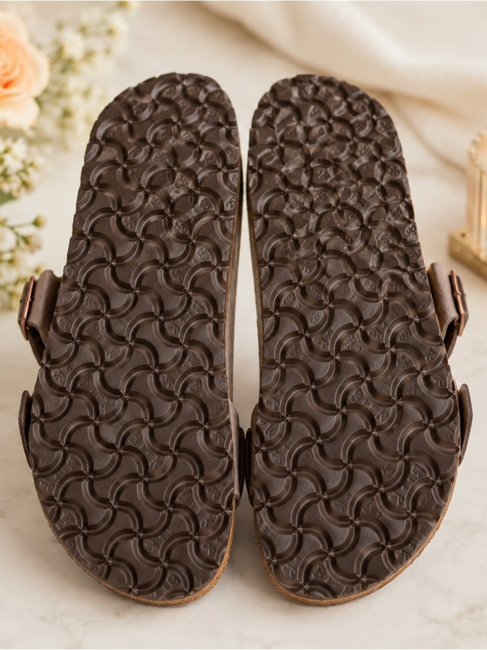 Birkenstock Brown Taupe Cross-Strap Sandals with Rose Gold Buckles - Picture 3 of 3
